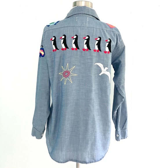 Vintage 70’s embroidered chambray button down novelty shirt top blouse workwear - Picture 7 of 11